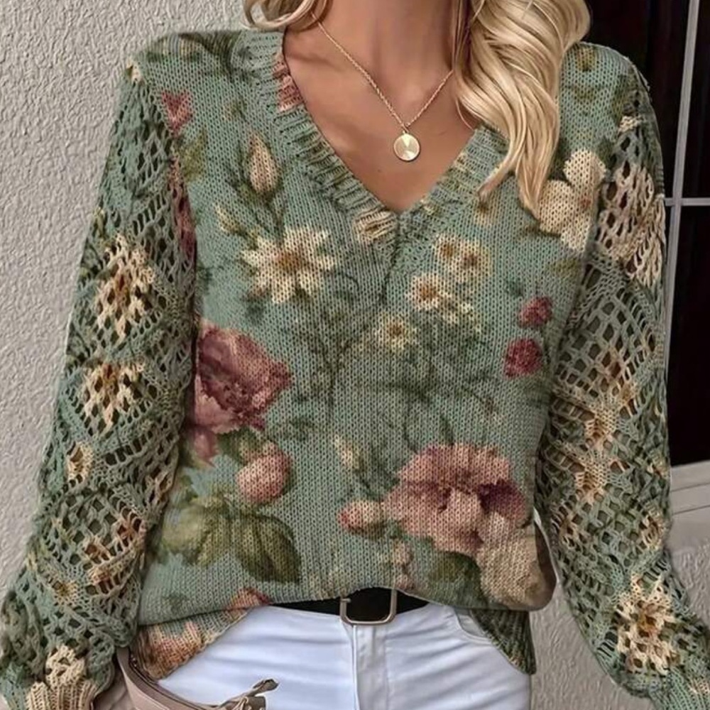 Floral sweater top shirt sweatshirt flowers knit printed graphic v-neck S gift